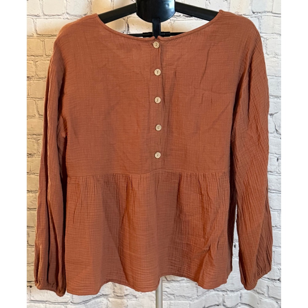 Wishlist Apparel Terracotta Rust Cotton Gauze V-Neck Babydoll Peplum Top Large - Picture 2 of 4